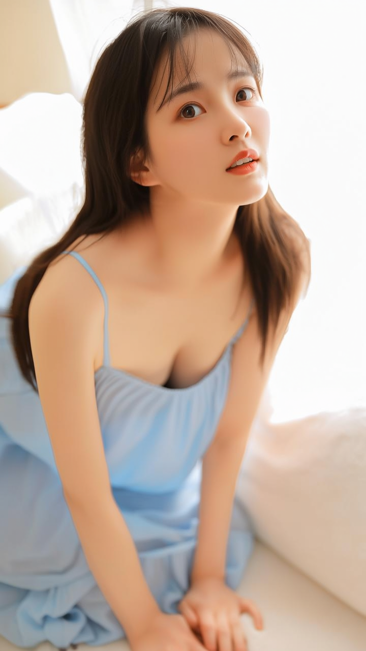 帮我生成一张清纯美丽的美女，穿着吊带，胸部浑圆，乳沟清晰可见，正对跪着，楚楚动人地抬起头看着我。